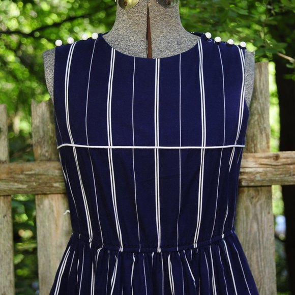 VTG Navy Blue & White Cotton Sleeveless Dress S/M - Picture 8 of 12